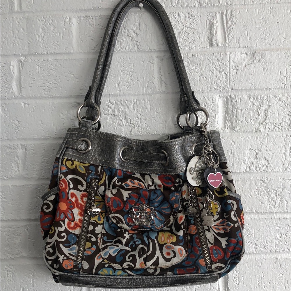 KATHY VAN ZEELAND Floral satin pewter purse
